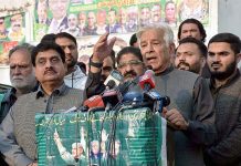 Federal Minister for Defence Khawaja Muhammad Asif addressing the PML-N Workers Convention of Muslim League-N
