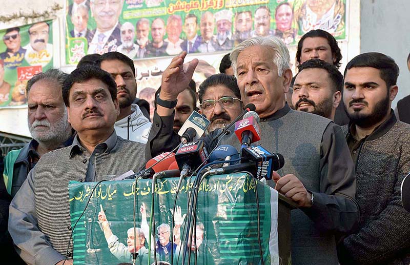 Federal Minister for Defence Khawaja Muhammad Asif addressing the PML-N Workers Convention of Muslim League-N