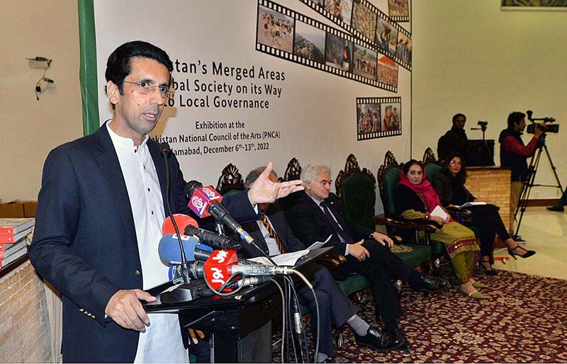 Shahram Khan Tarakai KP Minister for Elementary & Secondary Education addressing to the photographic exhibition on "Pakistan Merged Areas a Tribal Society on its way to Local Governance" at Pakistan National Council of Arts