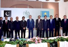 Federal Minister for Economic and Political Affairs Sardar Ayaz Sadiq in a group photo at the 11th Session of Pakistan-Kazakhstan Inter-Governmental Joint Commission.