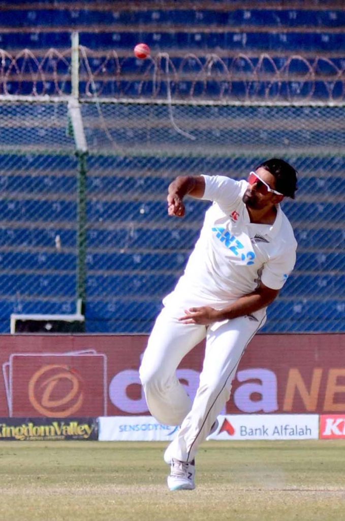 New Zealand fielders struggling to catch the ball played by Pakistan’s batter Mir Hamza during the fifth and final day of the first Test match between Pakistan and New Zealand at the National Stadium