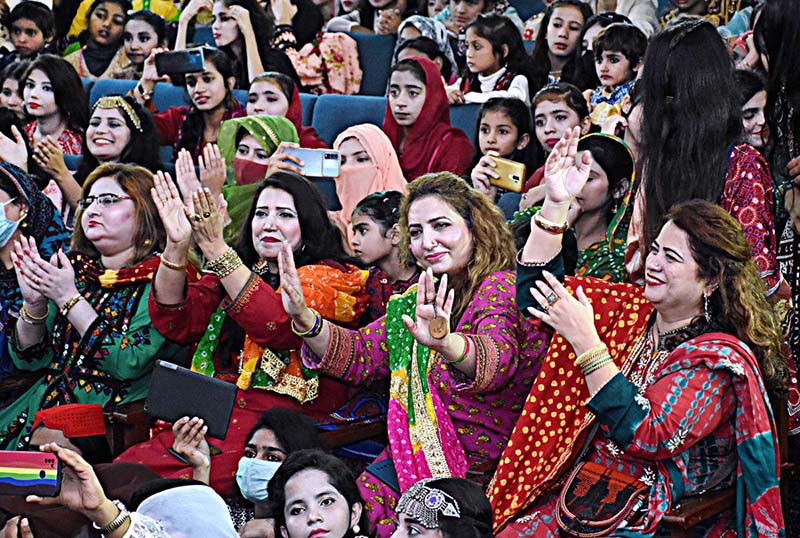 Student performing during cultural program to mark the Sindhi Ajrak Topi Culture Day at Government Girls Higher Secondary School