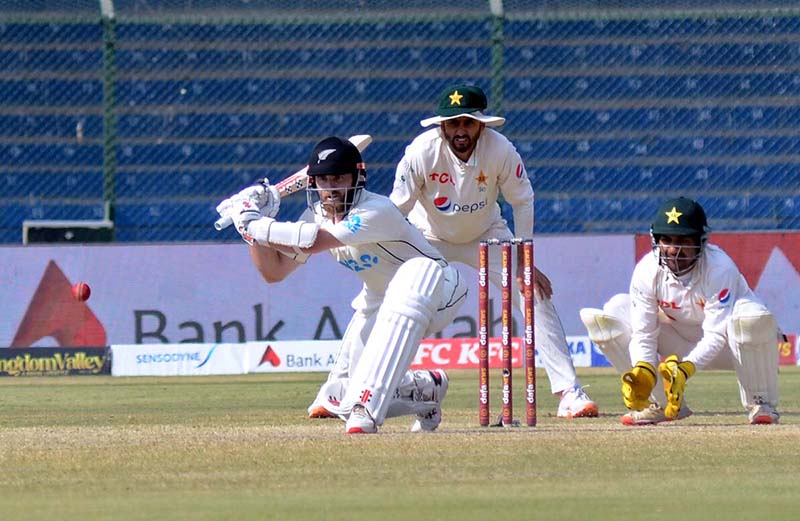 New Zealand's Kane Williamson plays a shot during the fourth day of the first Test Cricket Match between Pakistan and New Zealand at the National Stadium