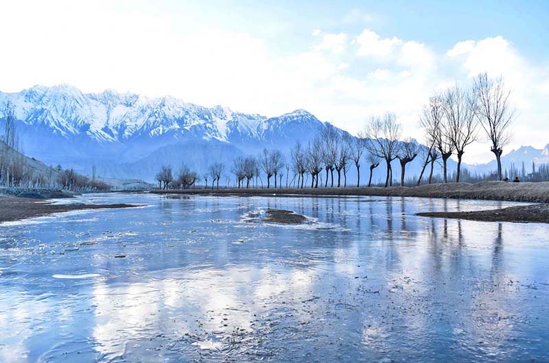 An attractive and eye catching view of leafless treees reflection in freeze Katpana Desert Lake.
