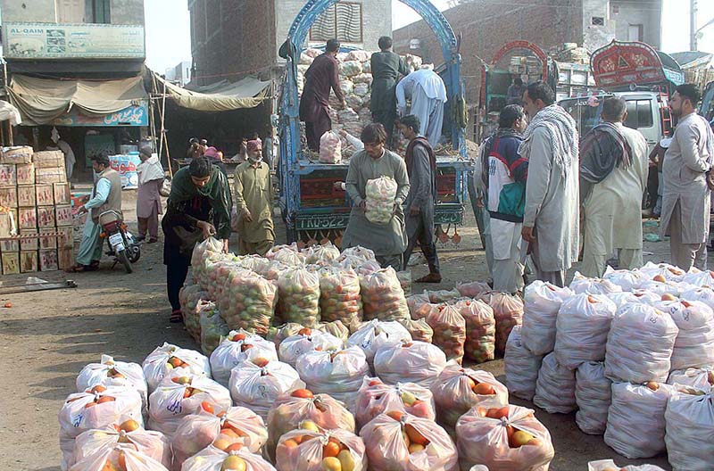 Labourer unloading tomato bags from delivery truck at Vegetable Market