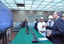 Prime Minister Shehbaz Sharif being briefed about the refurbishment project of Mangla Dam and about the operations of the newly inaugurated units