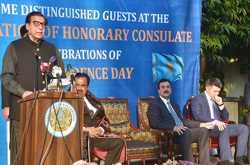 Speaker National Assembly Raja Parvez Ashraf addressing the inauguration ceremony of the Consulate General of Kazakhstan in Lahore and the celebration of Independence of Kazakhstan.
