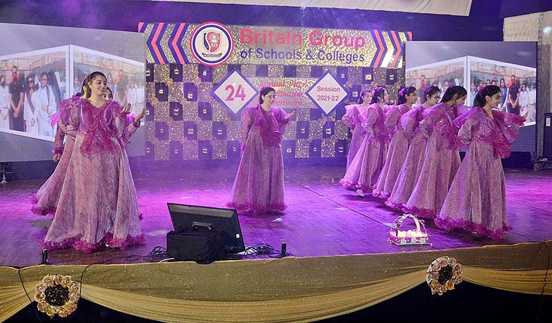 Students performing tableau during annual prize distribution ceremony organized by Britain School and Colleges Arts Council