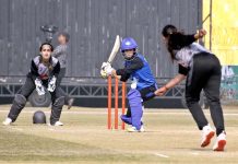 A view of final match as the Blasters Women Team defeats Dynamites Women Team by seven runs in the final of the T20 Women's Cricket Tournament 2022-23 at Lahore's Gaddafi Stadium
