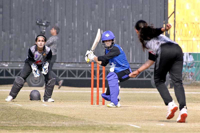 A view of final match as the Blasters Women Team defeats Dynamites Women Team by seven runs in the final of the T20 Women's Cricket Tournament 2022-23 at Lahore's Gaddafi Stadium