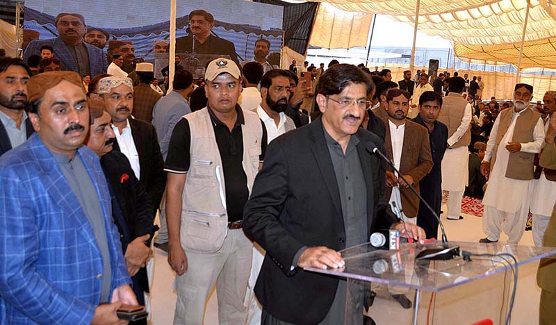 Chief Minister Sindh Syed Murad Ali Shah addressing during Dastar Bandi of Muhammad Bakhsh at Shoro Village