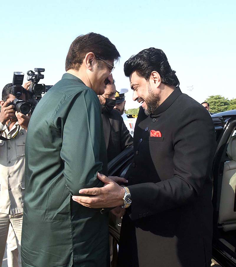 Sindh Chief Minister Syed Murad Ali Shah receives Governor Sindh Kamran Tissori at Mazar-e-Quaid