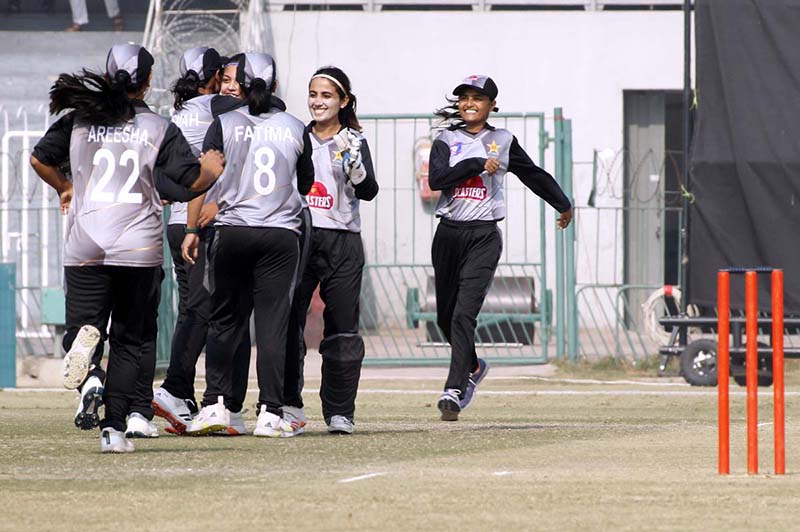 A view of final match as the Blasters Women Team defeats Dynamites Women Team by seven runs in the final of the T20 Women's Cricket Tournament 2022-23 at Lahore's Gaddafi Stadium