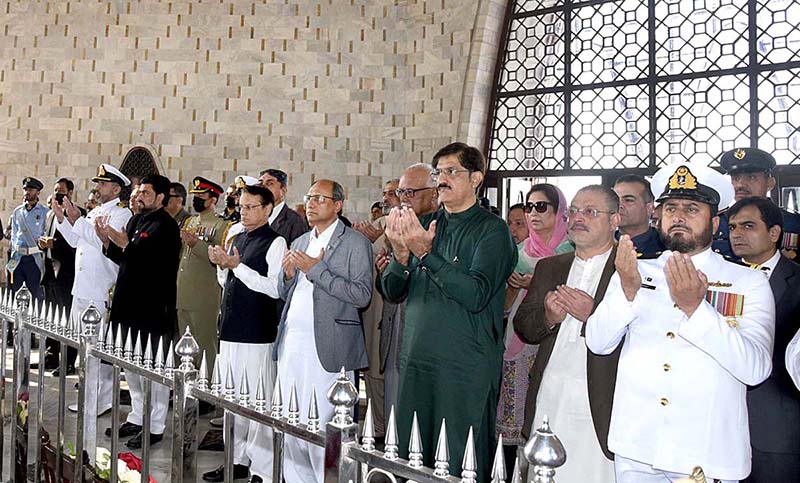 Sindh Chief Minister Syed Murad Ali Shah lays a floral wreath on the Mazar of Quaid-e-Azam Mohammad Ali Jinnah on his 146th birth anniversary.