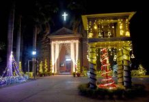 The Church of the Mission Hospital is decorated with lots of different colors lights in connection with Christmas.