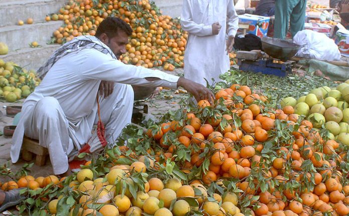 Traders displaying seasonal fruit (orange) to attract the customer at fruit market.