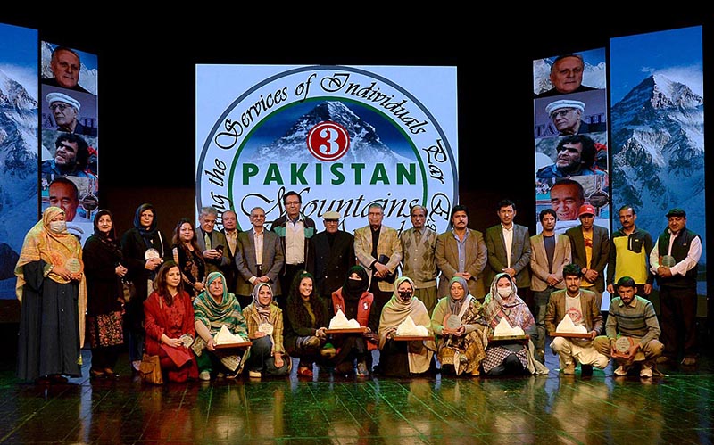 A group photo of winners of 3rd Pakistan Mountains Pride Awards during closing ceremony of 12th Pakistan Mountain Festival organized by Devcom-Pakistan and Pakistan National Council of the Arts