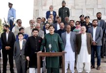 Sindh Chief Minister Syed Murad Ali Shah and Governor Sindh Kamran Tissori talking to media persons at Mazar-e-Quaid on the occasion of the 146th birth anniversary of the father of the nation.