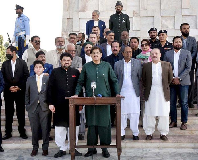 Sindh Chief Minister Syed Murad Ali Shah and Governor Sindh Kamran Tissori talking to media persons at Mazar-e-Quaid on the occasion of the 146th birth anniversary of the father of the nation.