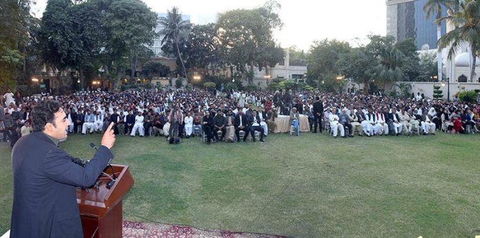 Chairman Pakistan People’s Party and Foreign Minister, Bilawal Bhutto Zardari speaks at a program organized to meet with Pakistan People’s Party candidates for local bodies elections Karachi Division at CM House