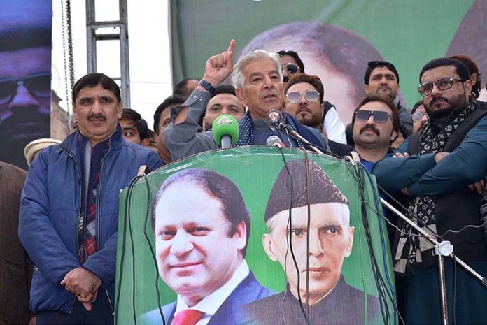 Federal Minister for Defense Khawaja Muhammad Asif addressing the PML-N Workers Convention at PML-N House