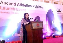 First Lady Begum Samina Arif Alvi is addressing the launching ceremony of Ascend Athletics Pakistan, a program to train girls in mountaineering and rock climbing.
