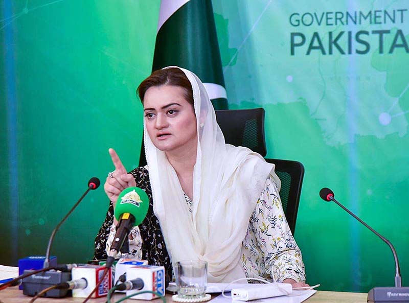 Federal Minister for information and Broadcasting Marriyum Aurangzeb addressing a press conference