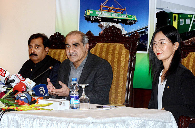 Federal Minister for Railways Khawaja Saad Rafique addressing a press conference at Faletti's Hotel.