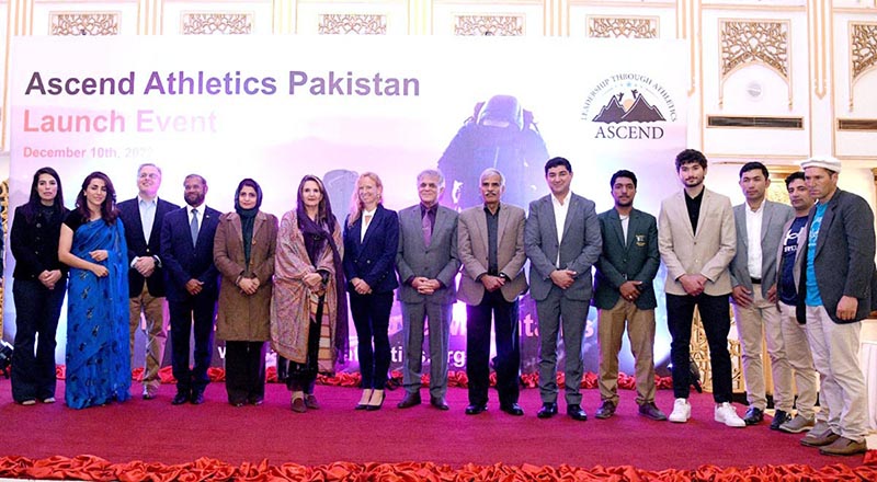 First Lady Begum Samina Arif Alvi is addressing the launching ceremony of Ascend Athletics Pakistan, a program to train girls in mountaineering and rock climbing.