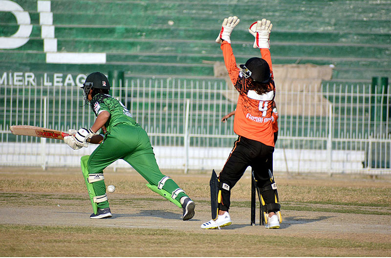 Players in action during cricket match between Lahore Women Cricket Club & Faisalabad Women Cricket teams during T-20 Super Women Cricket Taakara at Iqbal Stadium