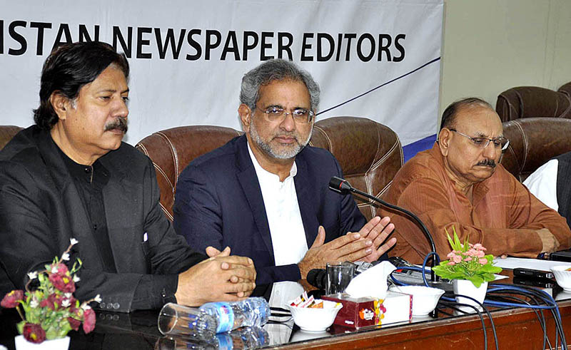 Former Prime Minister Shahid Khaqan Abbasi addressing during ‘Meet the Editors’ program organized by Council of Pakistan Newspaper