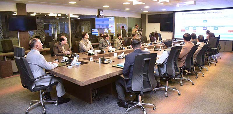 Chairman NDMA Lt General Inam Haider Malik chairing meeting of NEOC at NDMA Main Hall.