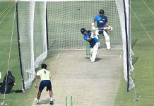 New Zealand's team during a training session ahead of their first cricket Test match against Pakistan at the National Stadium