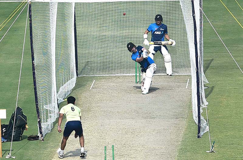 New Zealand's team during a training session ahead of their first cricket Test match against Pakistan at the National Stadium