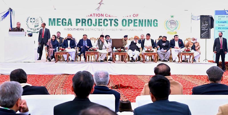 Prime Minister Muhammad Shehbaz Sharif addressing a ceremony organized with regard to the development projects for Southern Districts of Khyber Pakhtunkhwa.