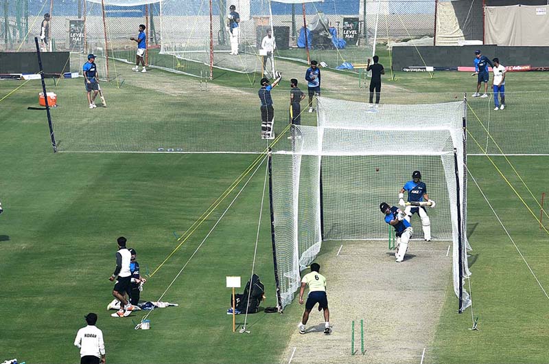 New Zealand's team during a training session ahead of their first cricket Test match against Pakistan at the National Stadium