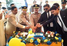 AIG Motorway Police is cutting cake during 25th anniversary of Motorway Police at Jamshoro