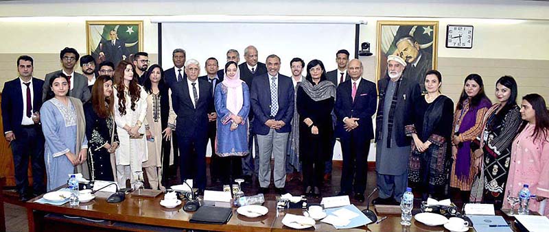 Group photo of Senator Dr Sania Nishtar Ex Governor Balouchistan, Awais Ghani, NUST Rector Lt Gen Eng Javed Mehmood Bukhari and others on a seminar titled Socio Economic uplift and Elimination of Poverty from Pakistan organized by NUST Institute of Policy Studies IPRI and COPAIR at NUST.