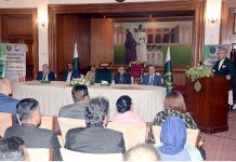 President of Pakistan Dr. Arif Alvi addressing the Inauguration of 1st Pakistan Polish International Scientific Conference organized by Federal Urdu University at Governor House. Vice Chancellor Prof. Dr. Muhammad Zia-ud-Din and others also seen on the stage