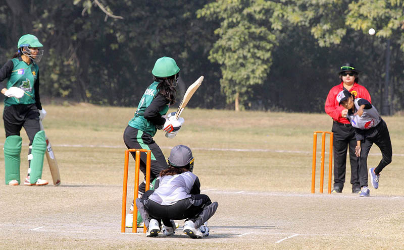 A view of match between Blasters women team and Challenges during the T20 Women Cricket Tournament at Lahore Gymkhana.