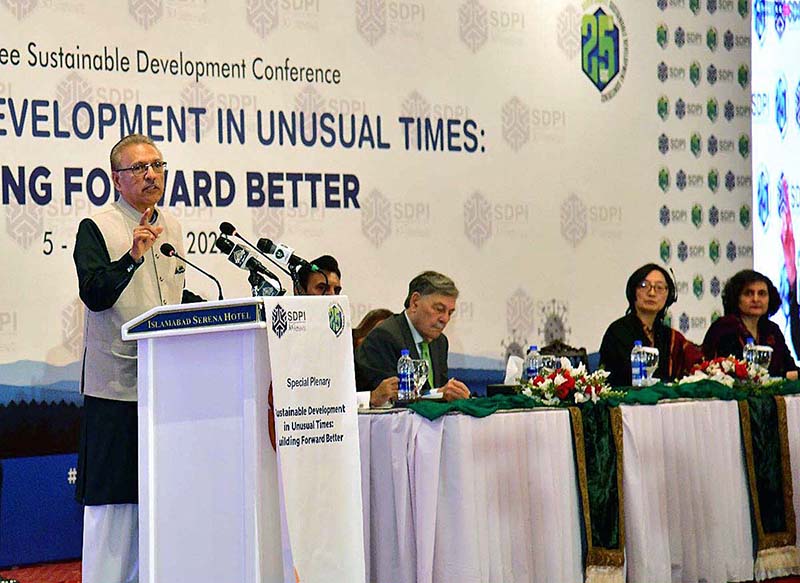 President Dr Arif Alvi addressing a conference on Sustainable Development in Unusual Times