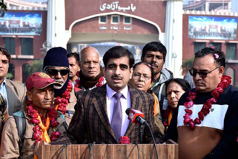 ETPB Additional Secretary Rana Shahid talking to media after welcoming the Indian Hindu pilgrims “lead by Sanjue Kumar” arrived in Pakistan through Wagah Border to participate in Shivratri (Night of Shiva) celebrations at Katas Raj temple in Chakwal. Shri Katas Raj Temple is considered to be the oldest and holiest place of Hindu religion in Pakistan. There is also a sacred pond which the Hindus associate with Lord Shiva