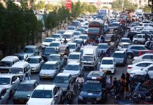 A view of massive traffic jam at National Stadium road causing difficulties for the commuters