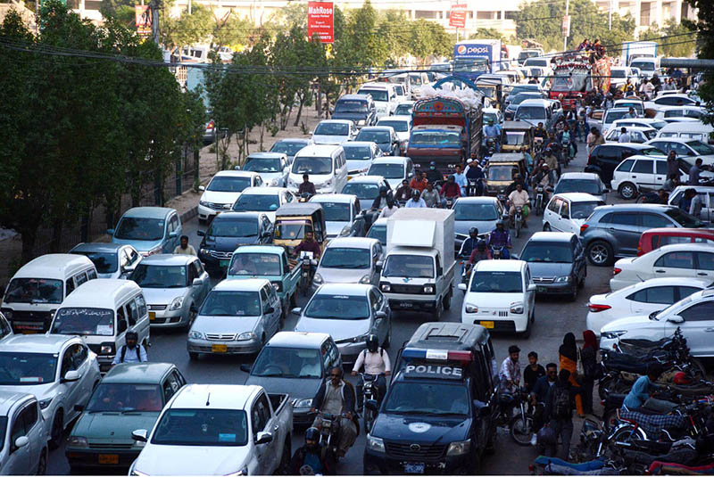 A view of massive traffic jam at National Stadium road causing difficulties for the commuters