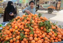 A vendor is selling oranges to a customer at his roadside setup