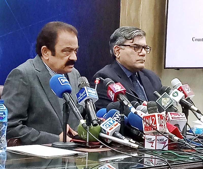 Federal Minister for Interior, Rana Sana Ullah Khan along with Additional IG Counter Terrorism Punjab, Imran Mehmood addressing a press conference on Johar Town incident