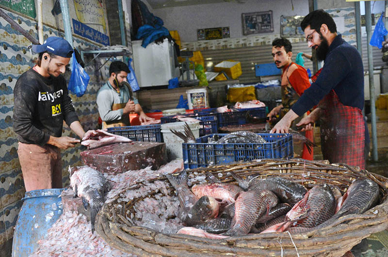 Vendors are selling and cutting fish as its demand increased despite high prices of white meat for winter at Fish Market