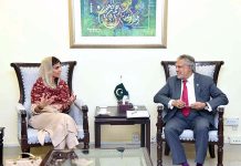 Federal Minister for Finance and Revenue Senator Mohammad Ishaq Dar in a meeting with Minister of State for Foreign Affairs Ms Hina Rabbani Khar in Finance Division.