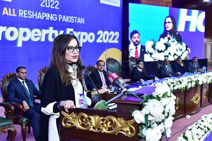 Sherry Rehman Federal Minster for Climate Change addressing as chief guest the inaugural ceremony of 1st International Housing Expo 22 organized by Ministry of Housing & works and Islamabad Chamber of Commerce & Industry at Jinnah Convention Center