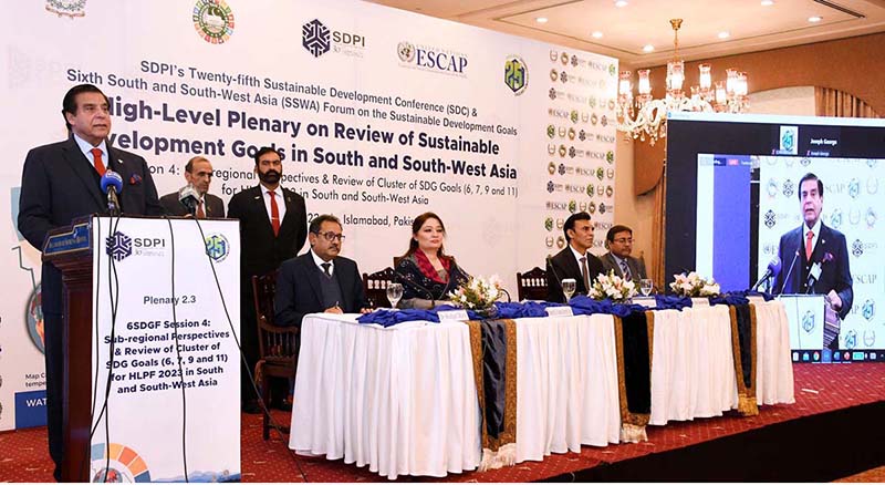 Speaker National Assembly Raja Pervez Ashraf addressing the participants of Plenary session of 6th South and South-West Asia Forum on Sustainable Development Goals
